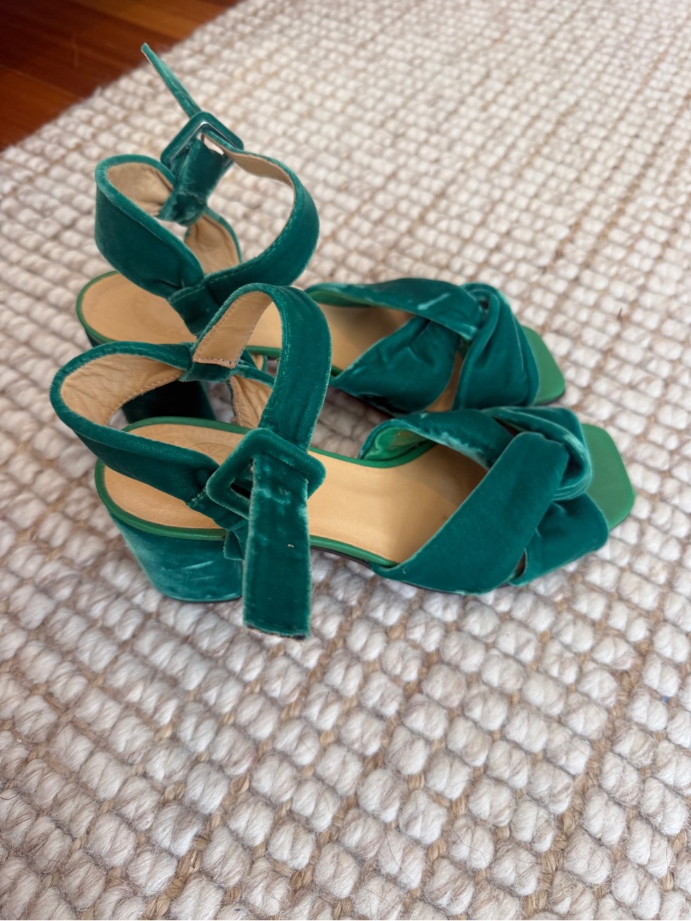 Penelope Chilvers Green Velvet Ankle-Strap Block Heel Sandals